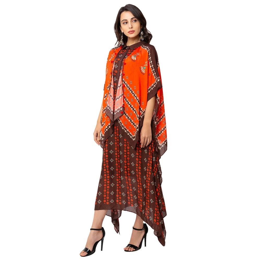 Soup by Sougat Paul Coffee Printed Dress And Jacket (Set of 2)