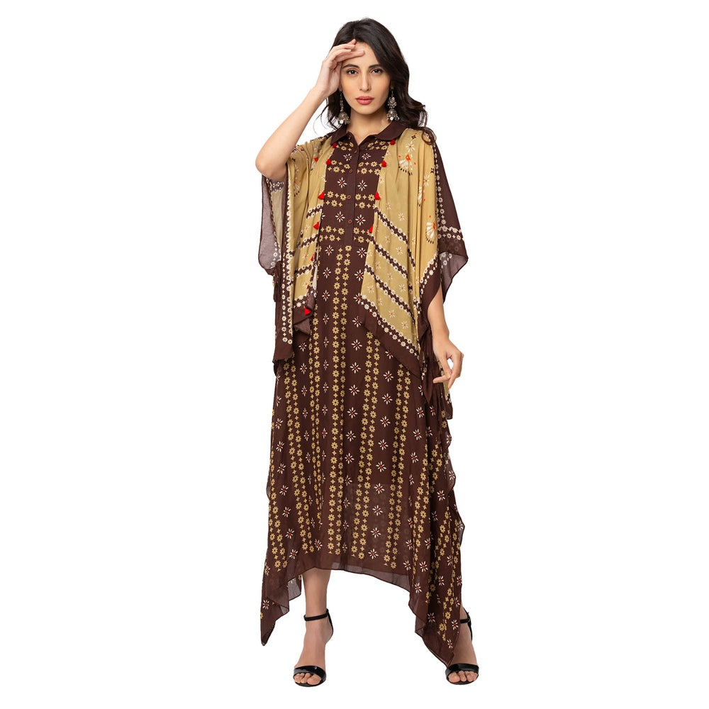 Soup by Sougat Paul Coffee Printed Dress And Jacket (Set of 2)