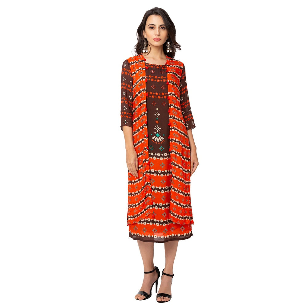 Soup by Sougat Paul Coffee Printed Dress And Jacket (Set of 2)
