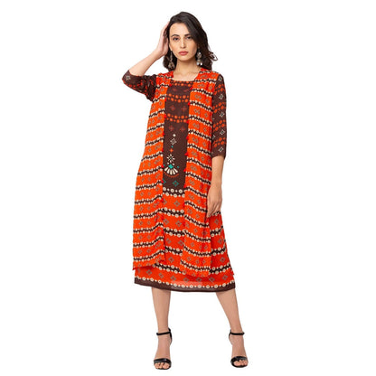 Soup by Sougat Paul Coffee Printed Dress And Jacket (Set of 2)