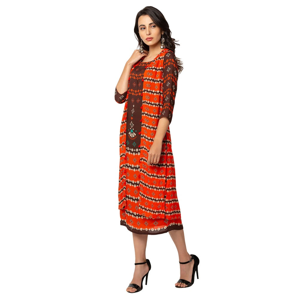 Soup by Sougat Paul Coffee Printed Dress And Jacket (Set of 2)