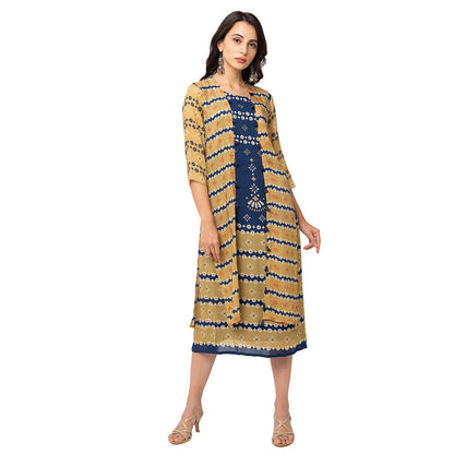 Soup by Sougat Paul Mustard Printed Dress And Jacket (Set of 2)