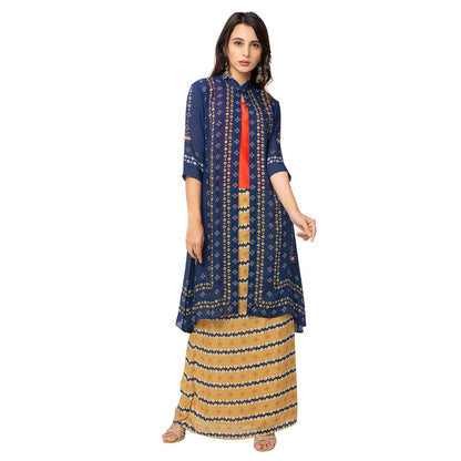 Soup by Sougat Paul Mustard Floral Long Jacket Top And Skirt (Set of 3)