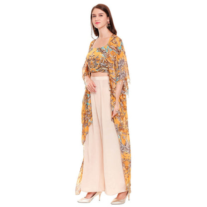 Soup by Sougat Paul Mustard Printed Crop Top With Jacket & Palazzo (Set of 2)