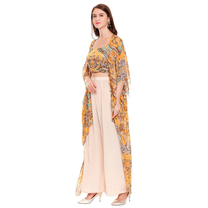 Soup by Sougat Paul Mustard Printed Crop Top With Jacket & Palazzo (Set of 2)