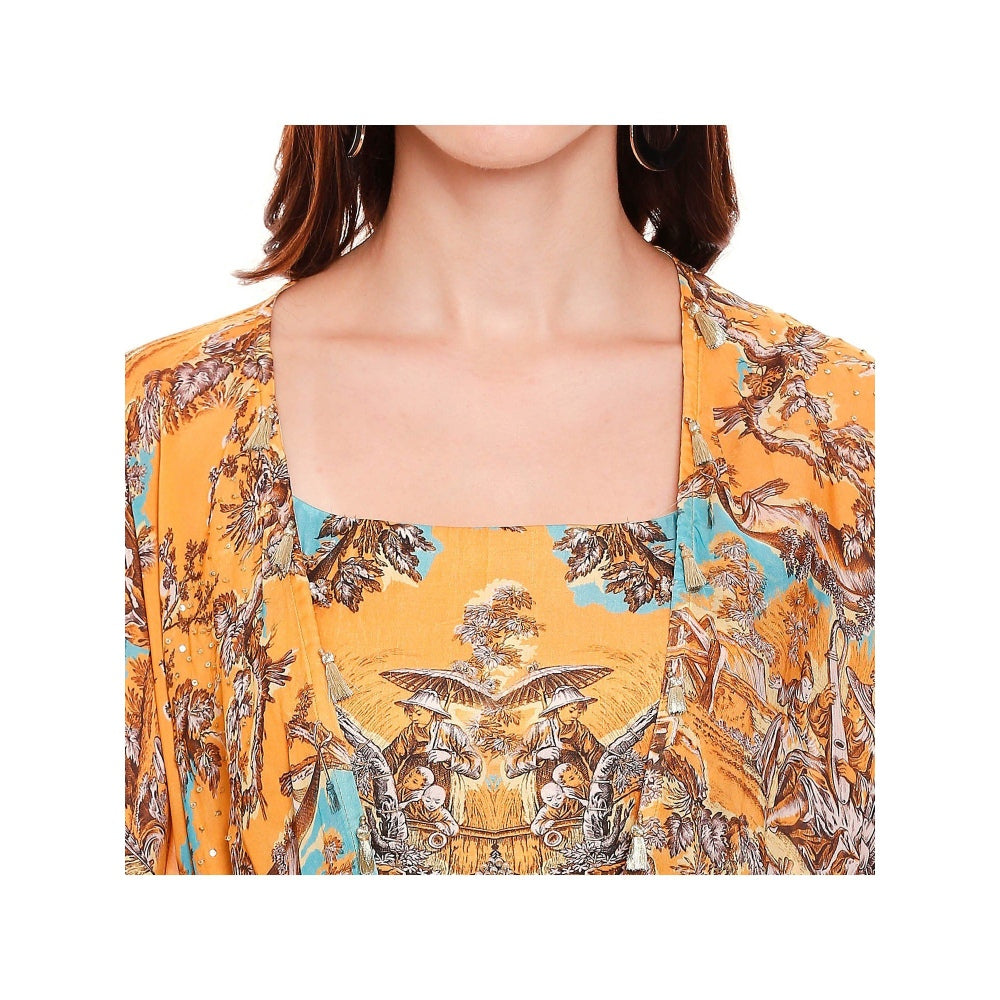 Soup by Sougat Paul Mustard Printed Crop Top With Jacket & Palazzo (Set of 2)