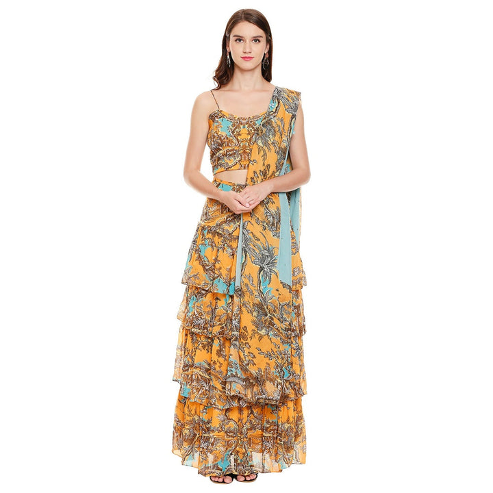 Soup by Sougat Paul Mustard Printed Top With Pants & Dupatta (Set of 3)