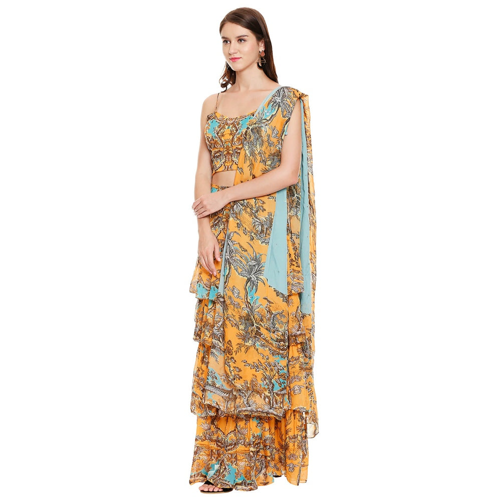Soup by Sougat Paul Mustard Printed Top With Pants & Dupatta (Set of 3)