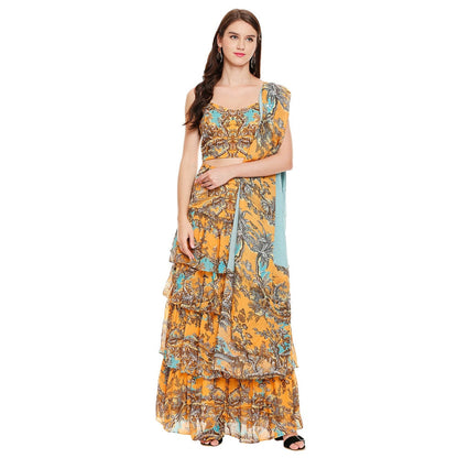 Soup by Sougat Paul Mustard Printed Top With Pants & Dupatta (Set of 3)
