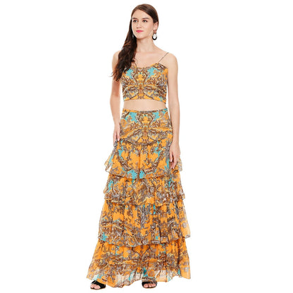 Soup by Sougat Paul Mustard Printed Top With Pants & Dupatta (Set of 3)