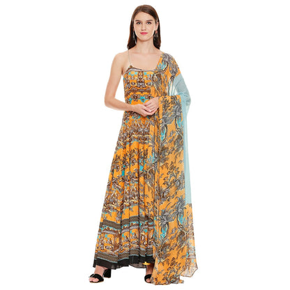 Soup by Sougat Paul Mustard Printed Dress With Dupatta (Set of 2)