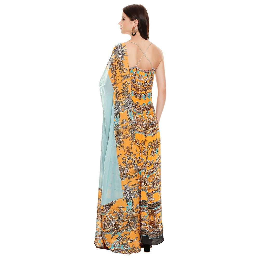 Soup by Sougat Paul Mustard Printed Dress With Dupatta (Set of 2)