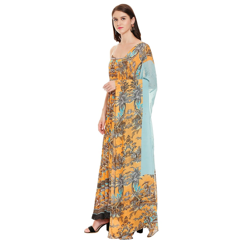 Soup by Sougat Paul Mustard Printed Dress With Dupatta (Set of 2)