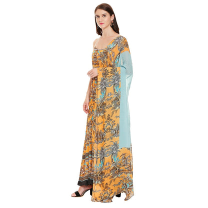 Soup by Sougat Paul Mustard Printed Dress With Dupatta (Set of 2)