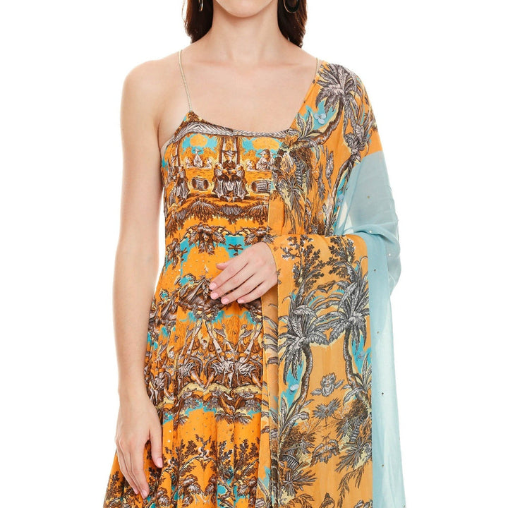 Soup by Sougat Paul Mustard Printed Dress With Dupatta (Set of 2)