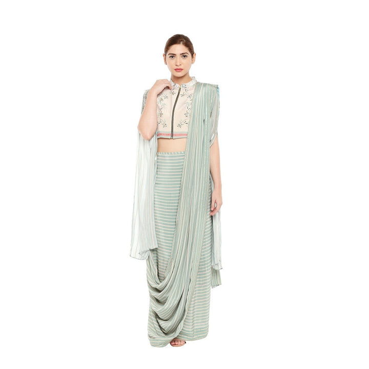 Soup by Sougat Paul Floral Printed Jacket Blouse With Drape Saree - Customisable (Set of 2)