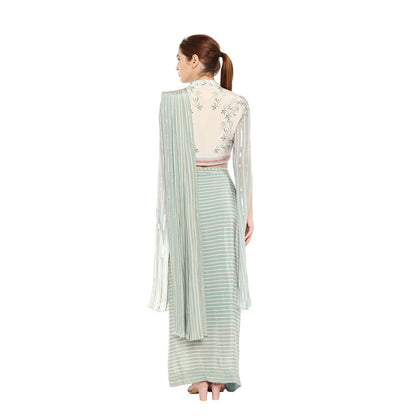 Soup by Sougat Paul Floral Printed Jacket Blouse With Drape Saree - Customisable (Set of 2)