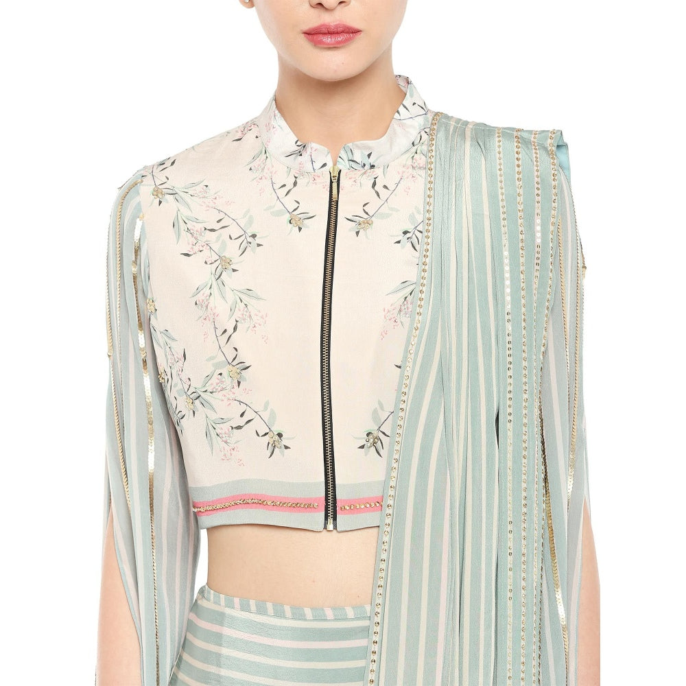 Soup by Sougat Paul Floral Printed Jacket Blouse With Drape Saree - Customisable (Set of 2)