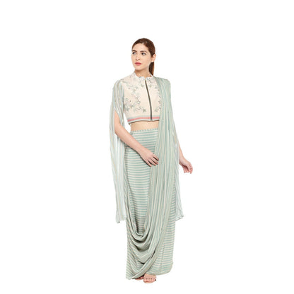 Soup by Sougat Paul Floral Printed Jacket Blouse With Drape Saree - Customisable (Set of 2)