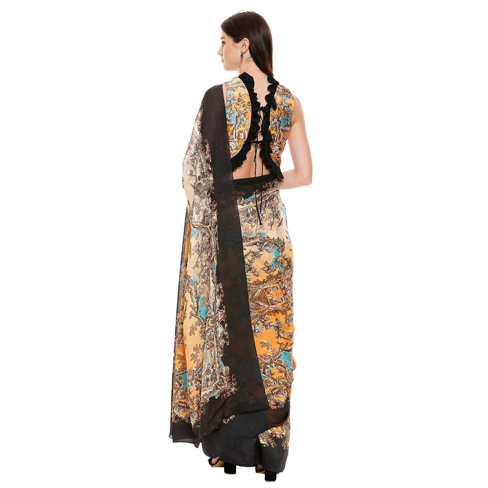 Soup by Sougat Paul Mustard Printed Saree With Stitched Blouse