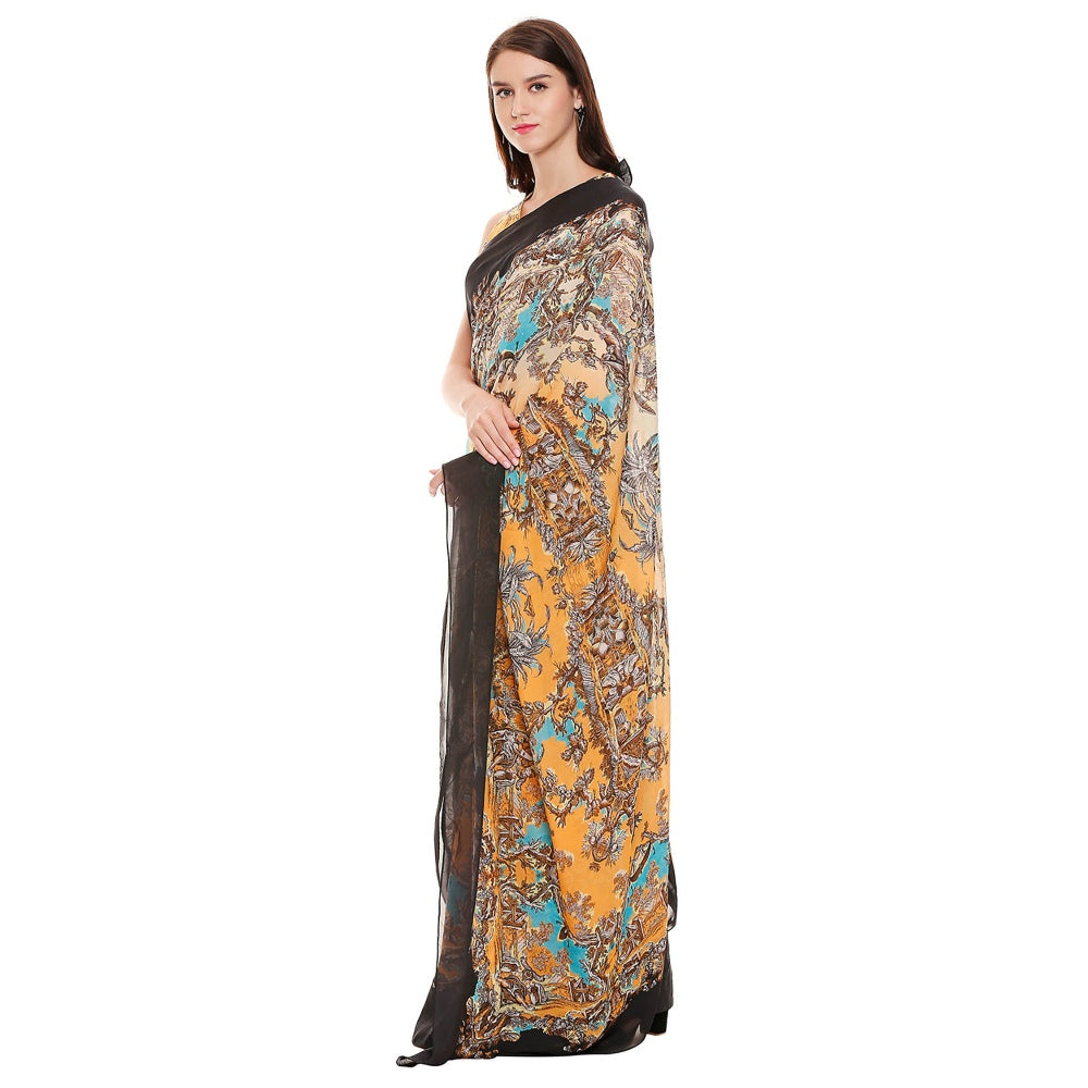 Soup by Sougat Paul Mustard Printed Saree With Stitched Blouse
