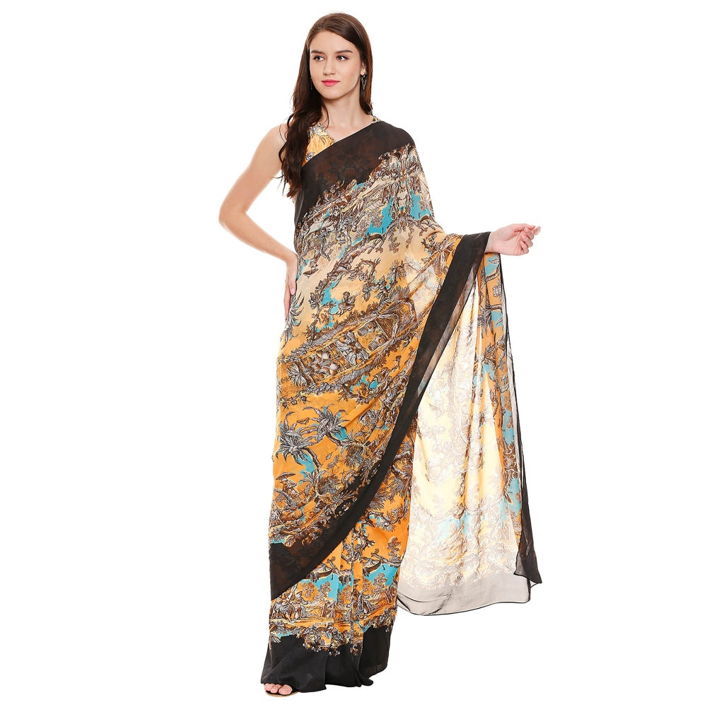 Soup by Sougat Paul Mustard Printed Saree With Stitched Blouse