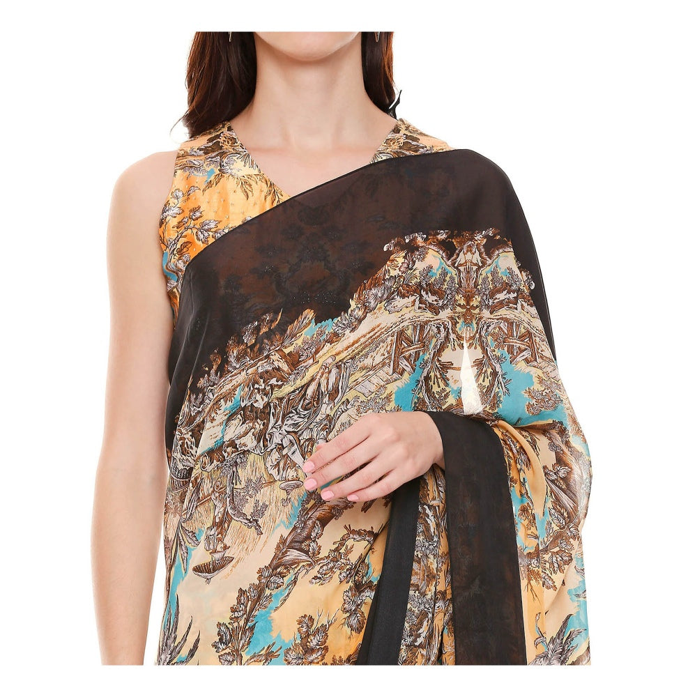 Soup by Sougat Paul Mustard Printed Saree With Stitched Blouse