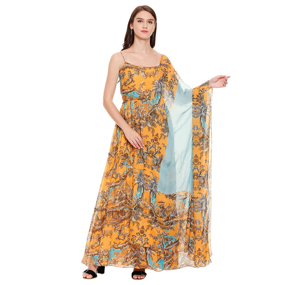 Soup by Sougat Paul Mustard Printed Dress With Dupatta (Set of 2)