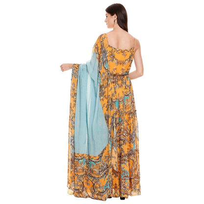Soup by Sougat Paul Mustard Printed Dress With Dupatta (Set of 2)