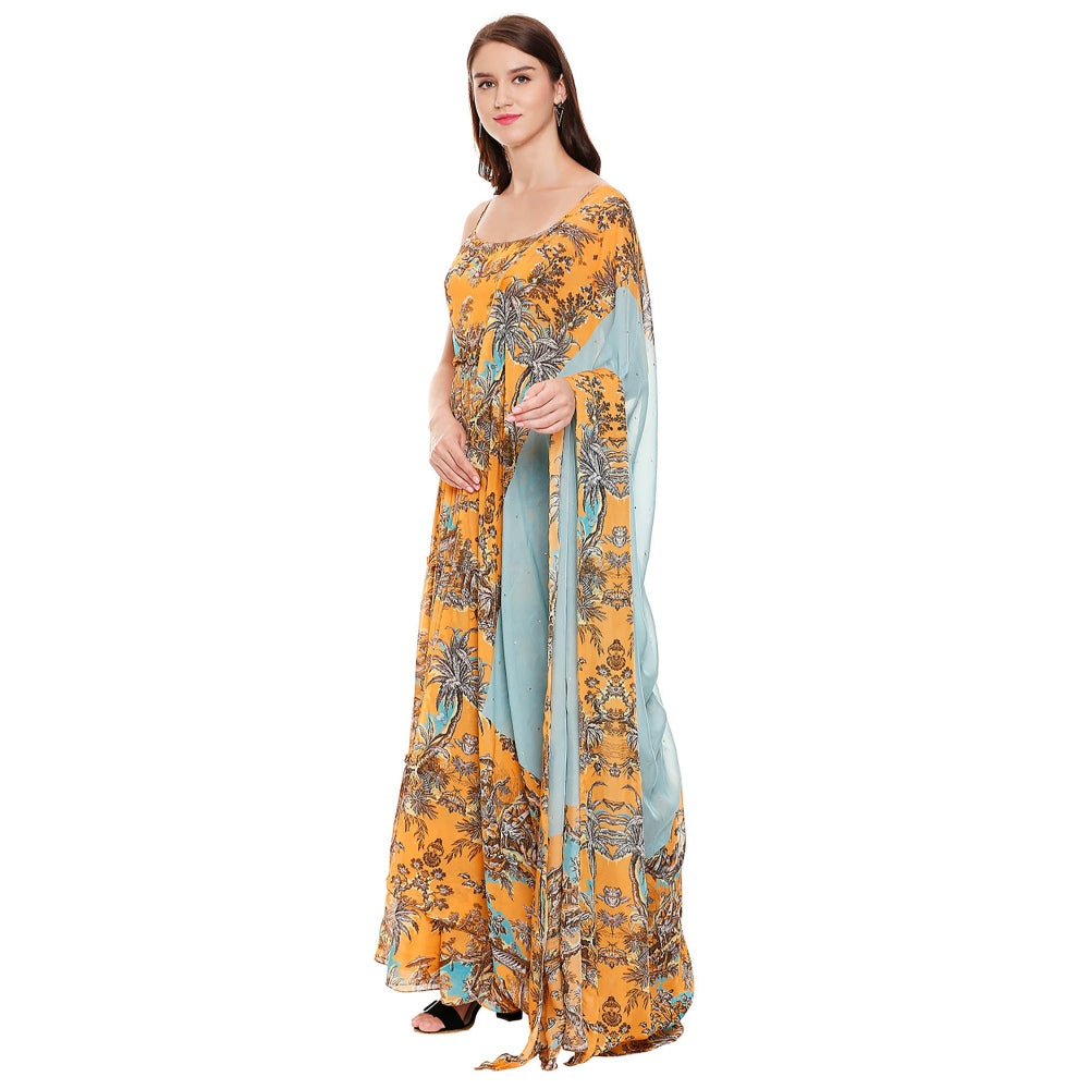 Soup by Sougat Paul Mustard Printed Dress With Dupatta (Set of 2)