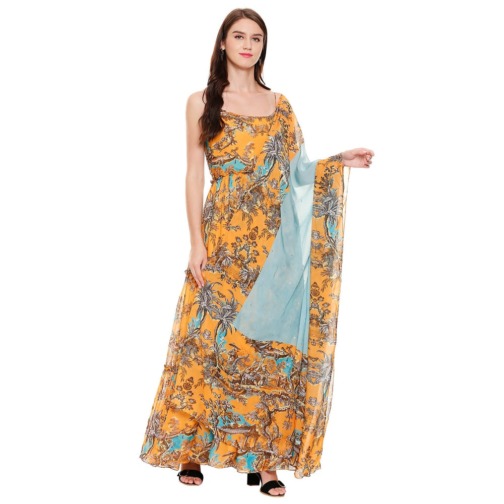 Soup by Sougat Paul Mustard Printed Dress With Dupatta (Set of 2)