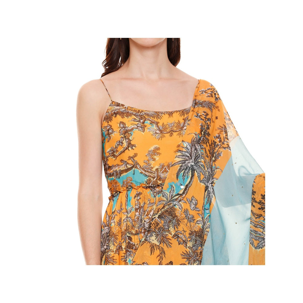 Soup by Sougat Paul Mustard Printed Dress With Dupatta (Set of 2)