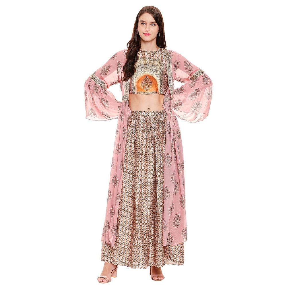 Soup by Sougat Paul Dusk Pink Printed Crop Top With Jacket & Pant (Set of 3)