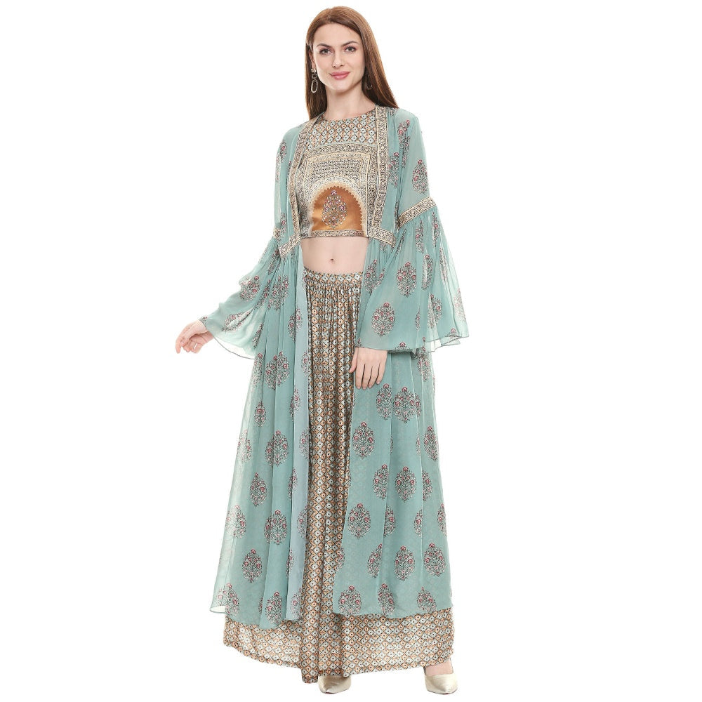 Soup by Sougat Paul Sage Green Printed Crop Top With Jacket & Pant (Set of 3)