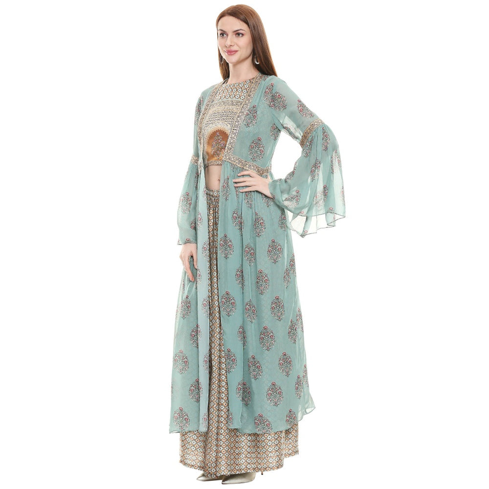 Soup by Sougat Paul Sage Green Printed Crop Top With Jacket & Pant (Set of 3)