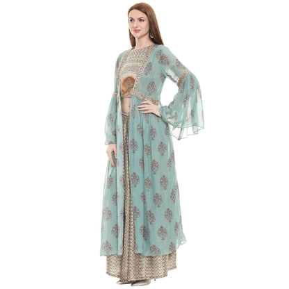 Soup by Sougat Paul Sage Green Printed Crop Top With Jacket & Pant (Set of 3)