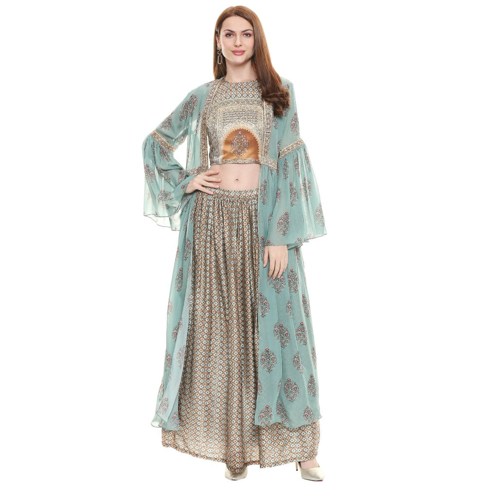 Soup by Sougat Paul Sage Green Printed Crop Top With Jacket & Pant (Set of 3)