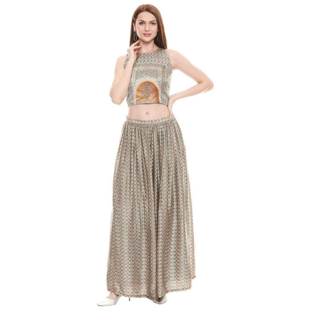 Soup by Sougat Paul Sage Green Printed Crop Top With Jacket & Pant (Set of 3)