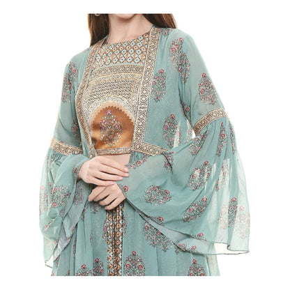 Soup by Sougat Paul Sage Green Printed Crop Top With Jacket & Pant (Set of 3)