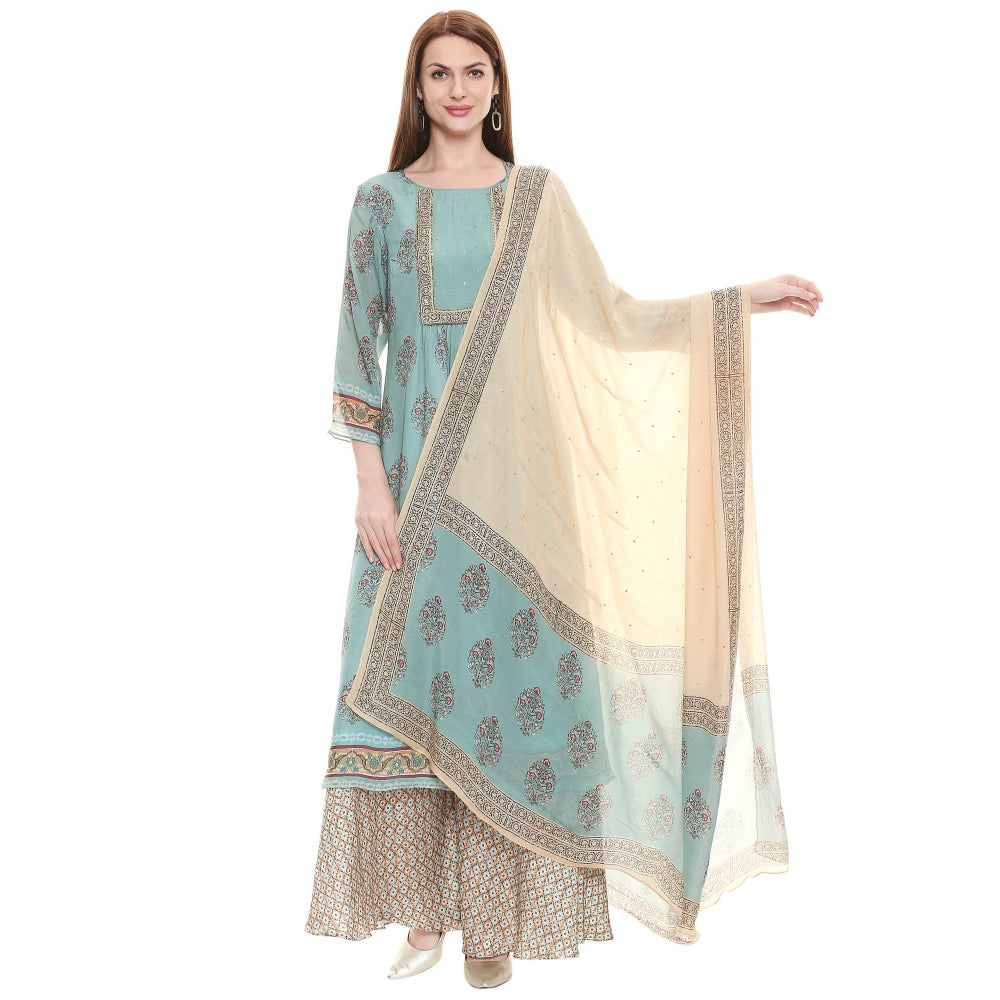 Soup by Sougat Paul Sage Green Floral Kurta Pants And Dupatta (Set of 3)