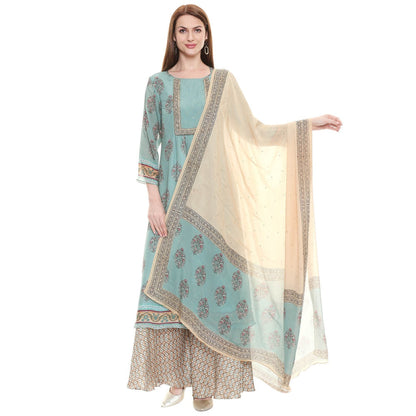 Soup by Sougat Paul Sage Green Floral Kurta Pants And Dupatta (Set of 3)