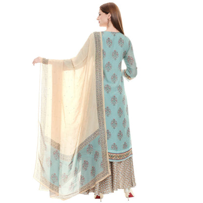 Soup by Sougat Paul Sage Green Floral Kurta Pants And Dupatta (Set of 3)