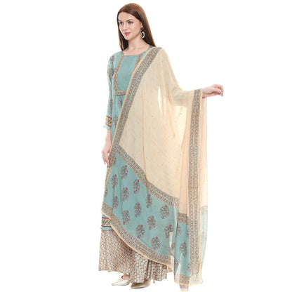 Soup by Sougat Paul Sage Green Floral Kurta Pants And Dupatta (Set of 3)