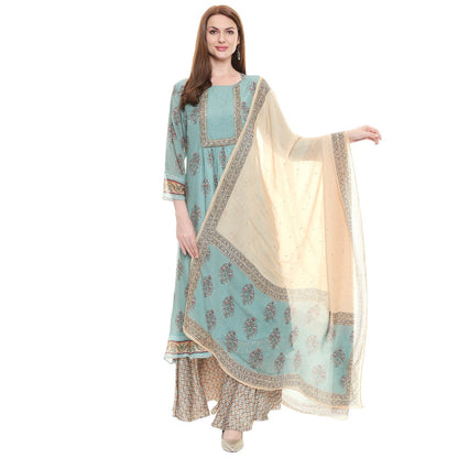 Soup by Sougat Paul Sage Green Floral Kurta Pants And Dupatta (Set of 3)