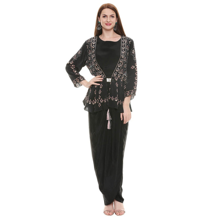 Soup by Sougat Paul Black Embroidered Dress With Jacket (Set of 2)