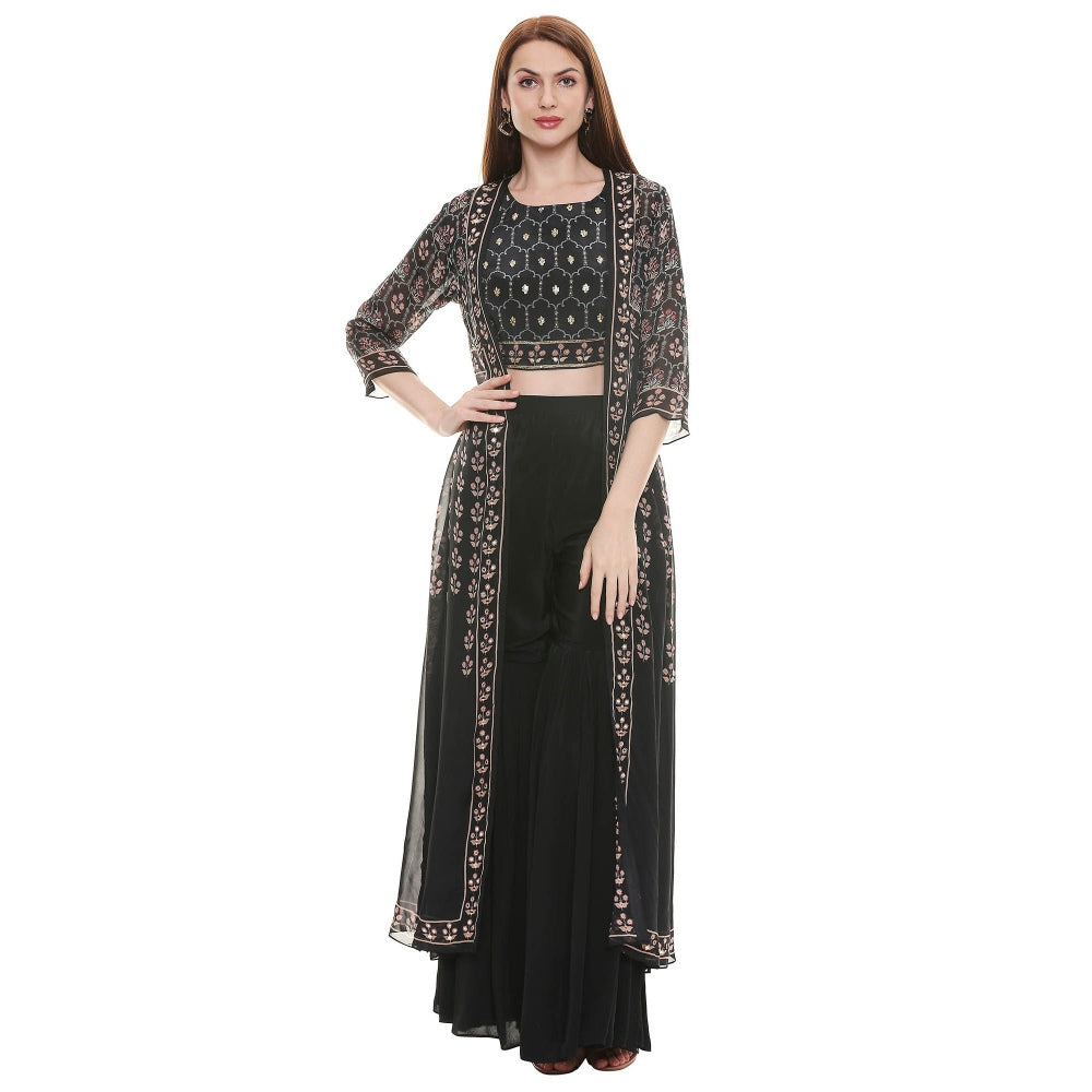 Soup by Sougat Paul Black Embellished Bottom With Crop Top & Jacket (Set of 3)