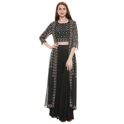 Soup by Sougat Paul Black Embellished Bottom With Crop Top & Jacket (Set of 3)