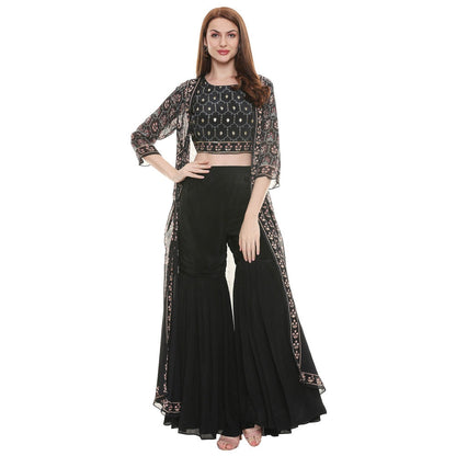 Soup by Sougat Paul Black Embellished Bottom With Crop Top & Jacket (Set of 3)