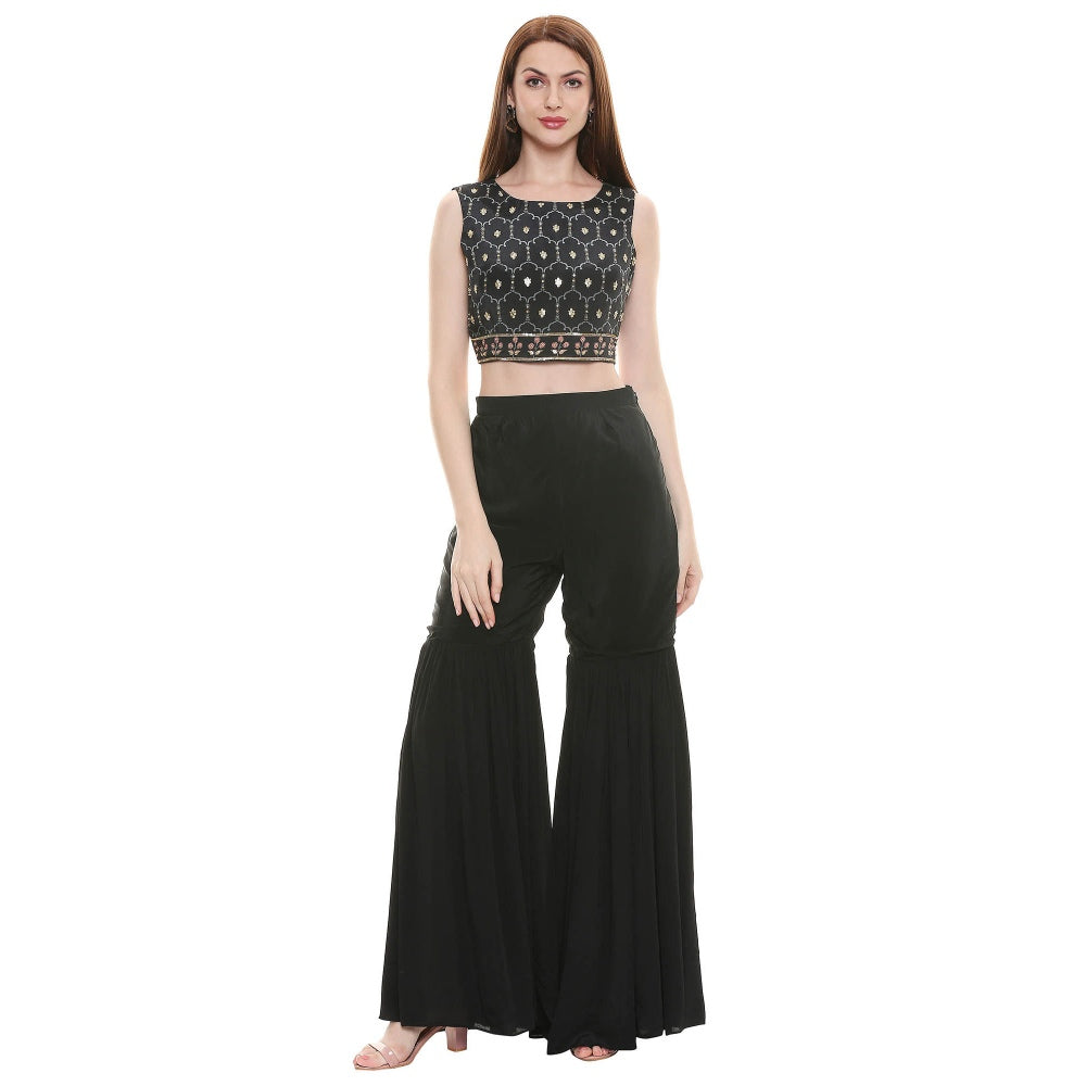 Soup by Sougat Paul Black Embellished Bottom With Crop Top & Jacket (Set of 3)
