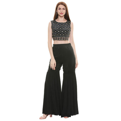 Soup by Sougat Paul Black Embellished Bottom With Crop Top & Jacket (Set of 3)